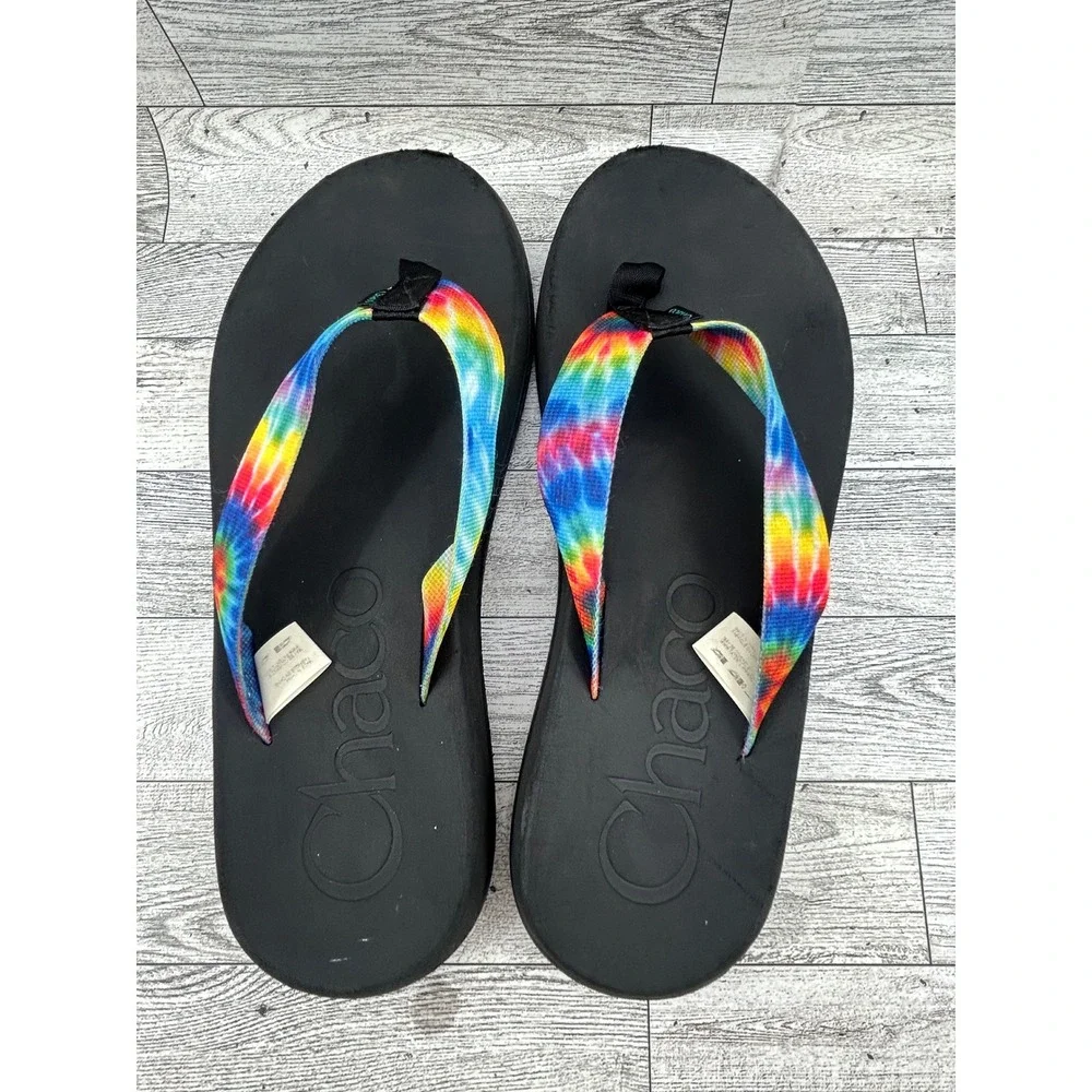 Chaco Chillos Flip Flops Men Sz 10 Black Tie Dye‎ Rainbow Straps Sandals J108035